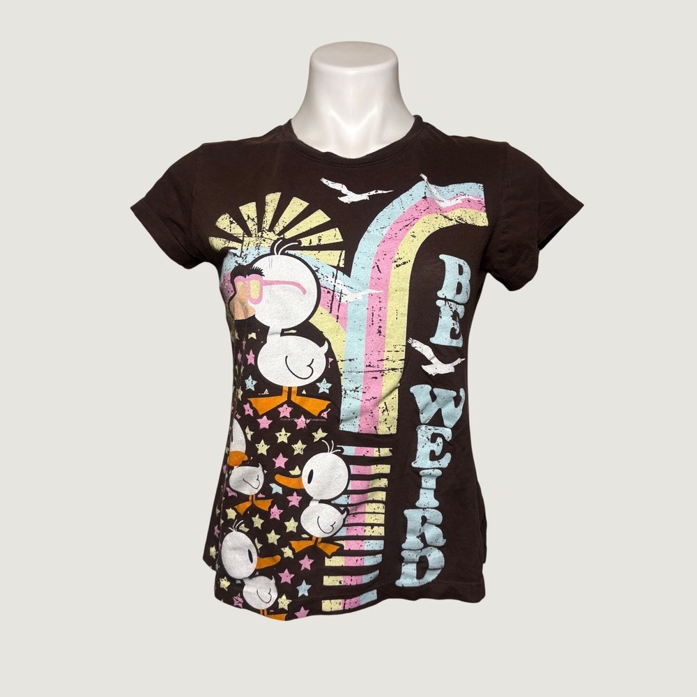 Y2K Jim Benton Be Weird Graphic Tee Brown T-Shirt Baby Tee Scene #15